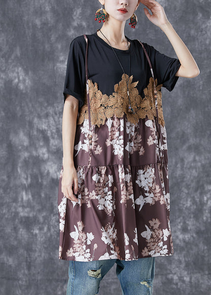 Black Lace Patchwork Print Chiffon Fake Two Piece Dresses Summer
