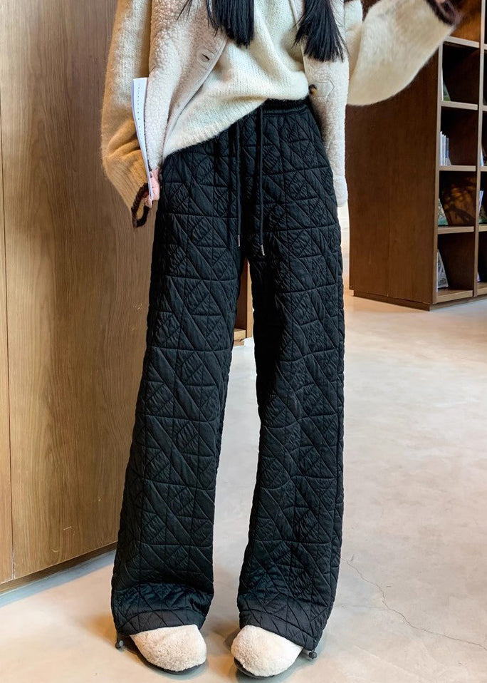 Modern Black Plaid Pockets Drawstring Warm Fleece Pants Winter