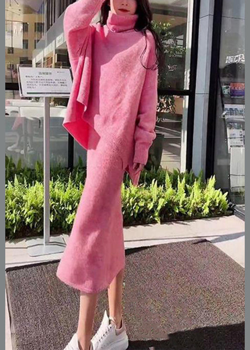 Loose Pink Turtleneck Sweaters and Skirts Knit Two Pieces Set Winter
