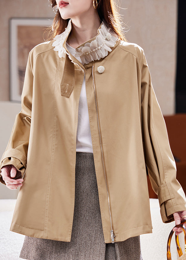 Natural Khaki Stand Collar Nail Bead Patchwork Coat Spring