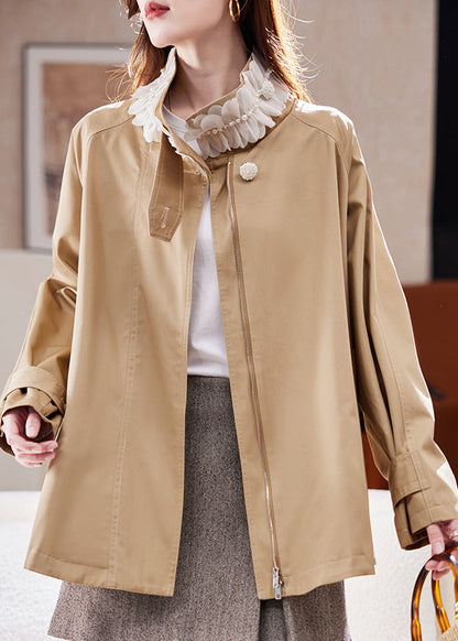 Natural Khaki Stand Collar Nail Bead Patchwork Coat Spring
