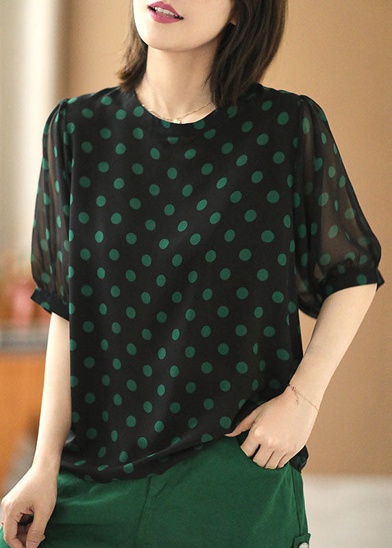Stylish Black O-neck Dot Print Draping Chiffon Shirt Short Sleeve