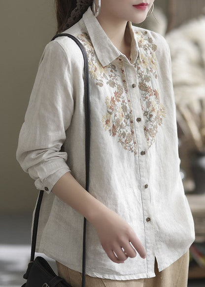 Beige Peter Pan Collar Embroideried Linen Top Spring