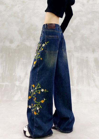 Blue Embroidered Pockets Patchwork Denim Pants Fall