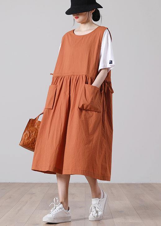 Pockets Orange Mid Big Hem Summer Cotton Dress