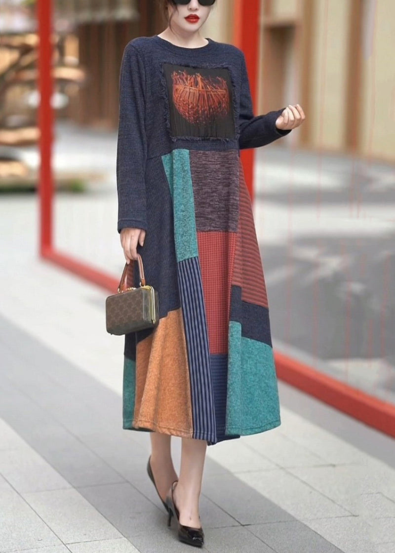 New Navy O-neck Patchwork Knit Long Dresses Winter