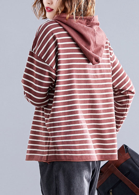 Red Hooded Striped Cotton Loose Sweatshirts Top Spring