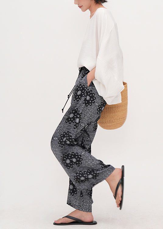 Grey Elastic Waist Print Cotton Straight Pants Summer