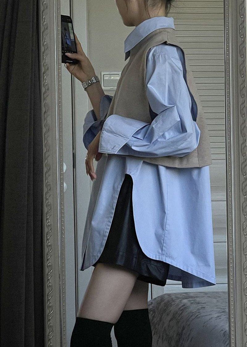 Modern Grey Side Open Knit Waistcoat and Shirts Two Pieces Set Long Sleeve