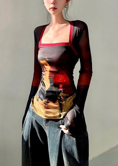 Oil Painting Style Square Neck Slim Fit T Shirt Fall
