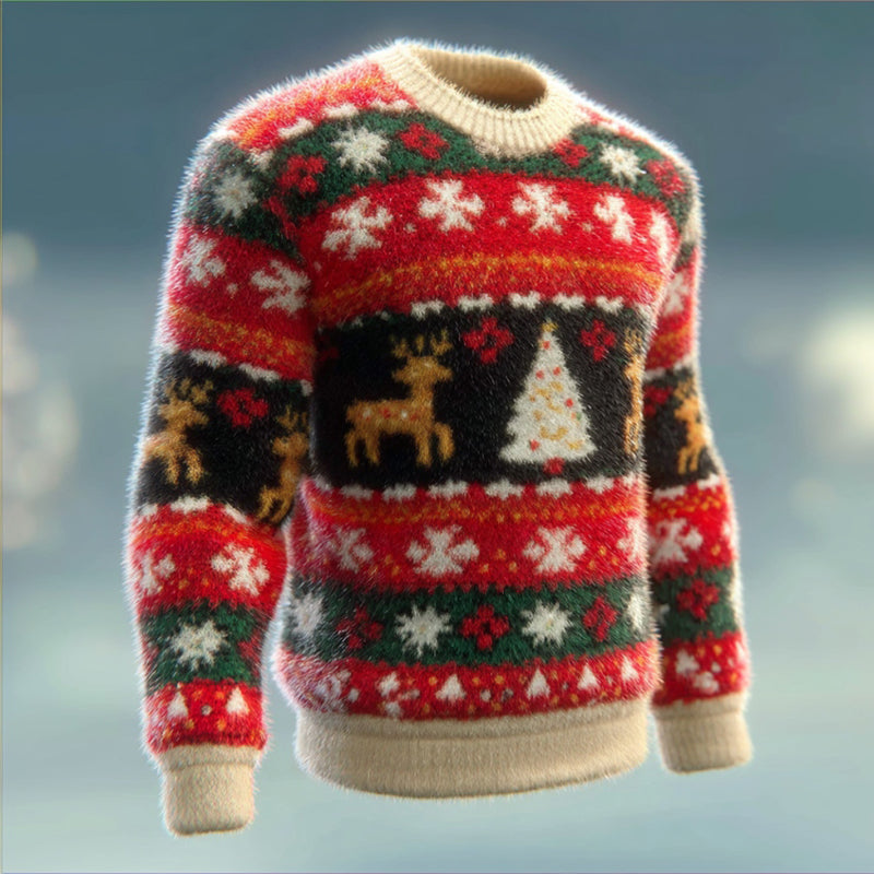 Comstylish Men's Christmas Christmas Tree And Reindeer Comfortable Crew Neck Plush Sweatshirt