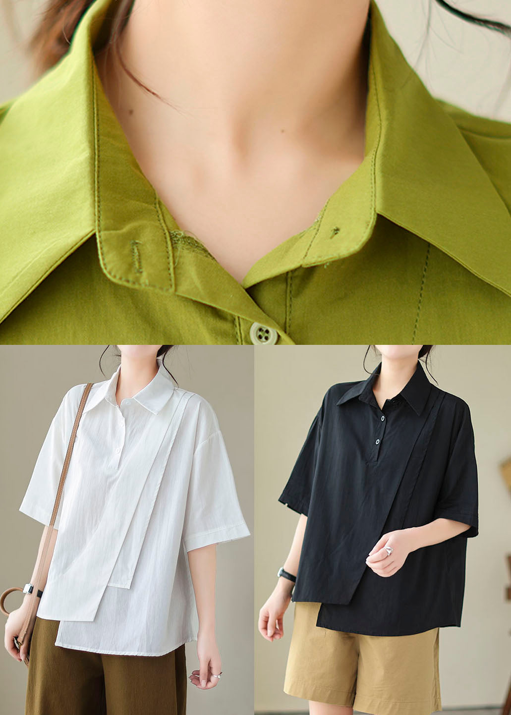 New White Asymmetrical Button Patchwork Cotton Shirt Summer