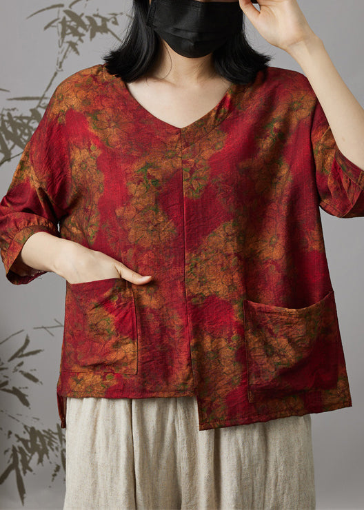 Wine Red V Neck Print Patchwork Cotton Top Summer