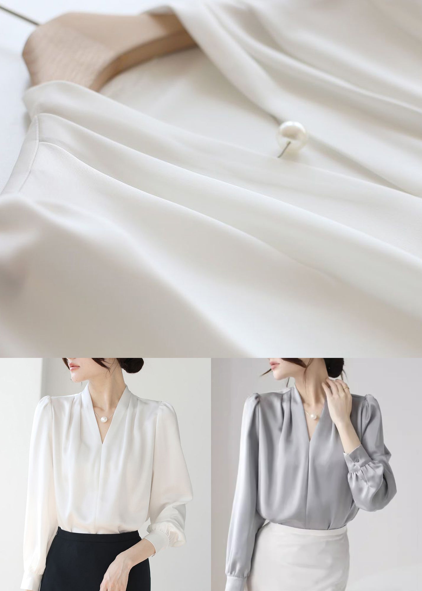 Simple Grey V Neck Button Silk Blouses Fall