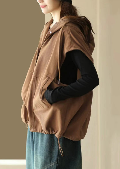 Loose Coffee Button Drawstring Cotton Waistcoat Sleeveless
