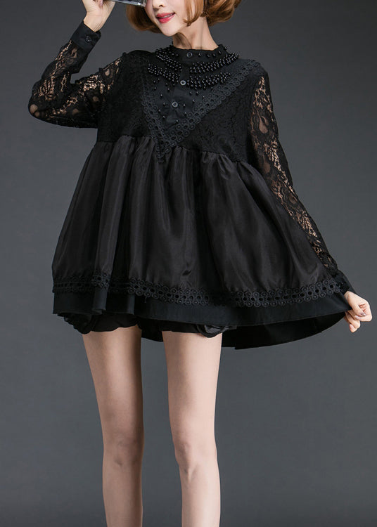 Organic Black Nail Bead Patchwork Lace Shift Dress Spring