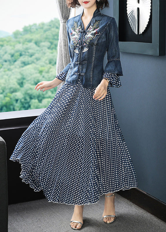 Blue Stand Collar Embroideried Patchwork Cotton Denim Coats Dot Print Chiffon Skirt Two Pieces Set Flare Sleeve