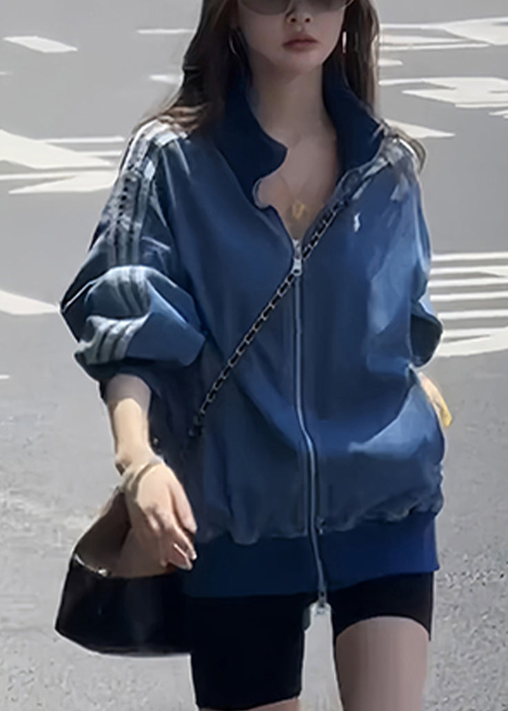 Blue Zip Up Striped Pockets Denim Coats Fall