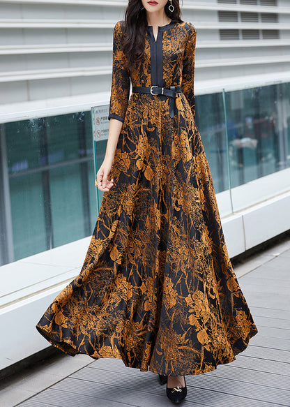 Orange Print Sashes Long Traveling Dress Spring