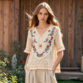 Comstylish Vintage Bohemian Floral Embroidered Linen V-neck Shirt