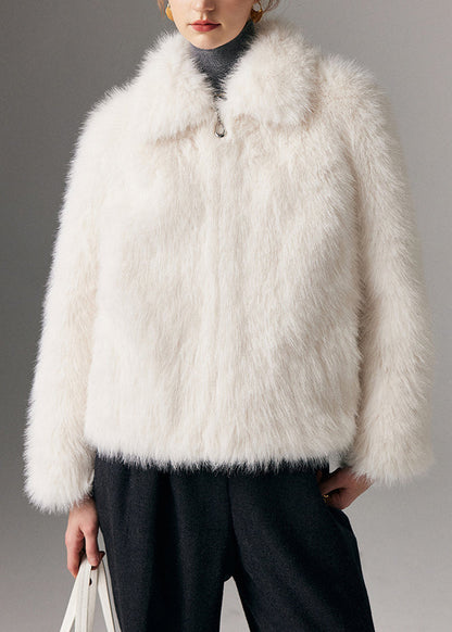 White Peter Pan Collar Zippered Leather and Fur Coats Winter