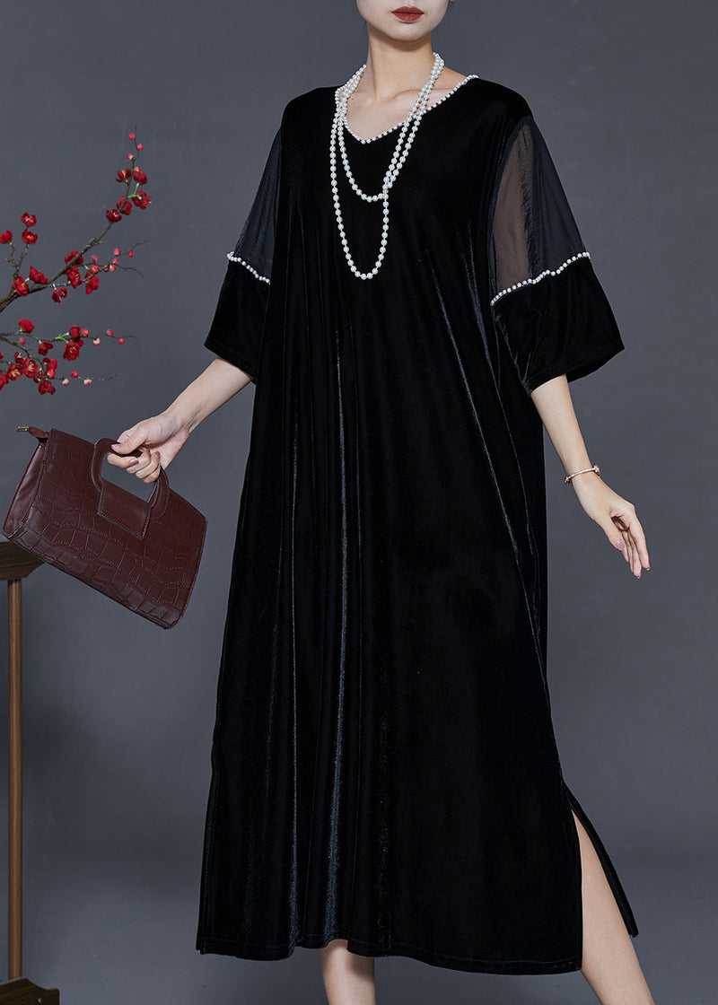 Black Oversized Patchwork Nail Bead Silk Velour Dress Spring