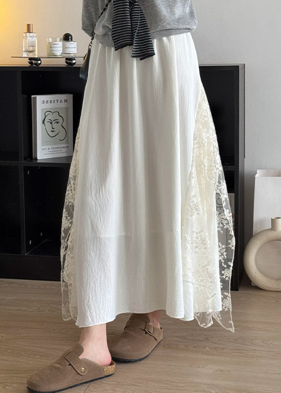 Simple White Patchwork Lace a Line Skirt Fall