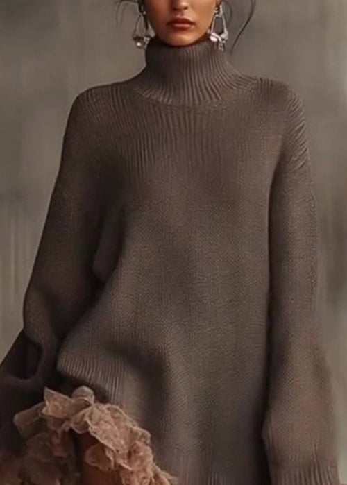 New Hign Neck Ruffled Patchwork Knit Sweaters Dress Spring