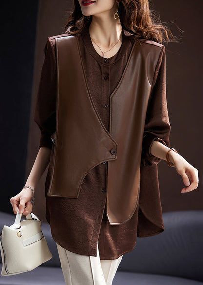 Coffee Button Faux Leather Patchwork False Two Pieces Blouses Spring
