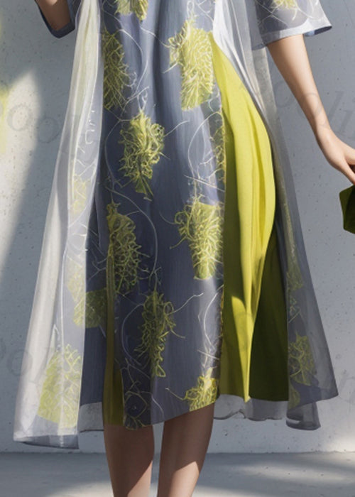 Art Grey Print Patchwork Silk Long Dresses Summer