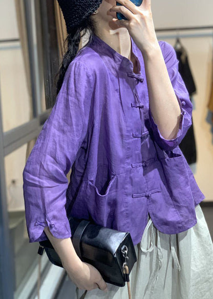 Simple Purple Pockets Button Tops Fall