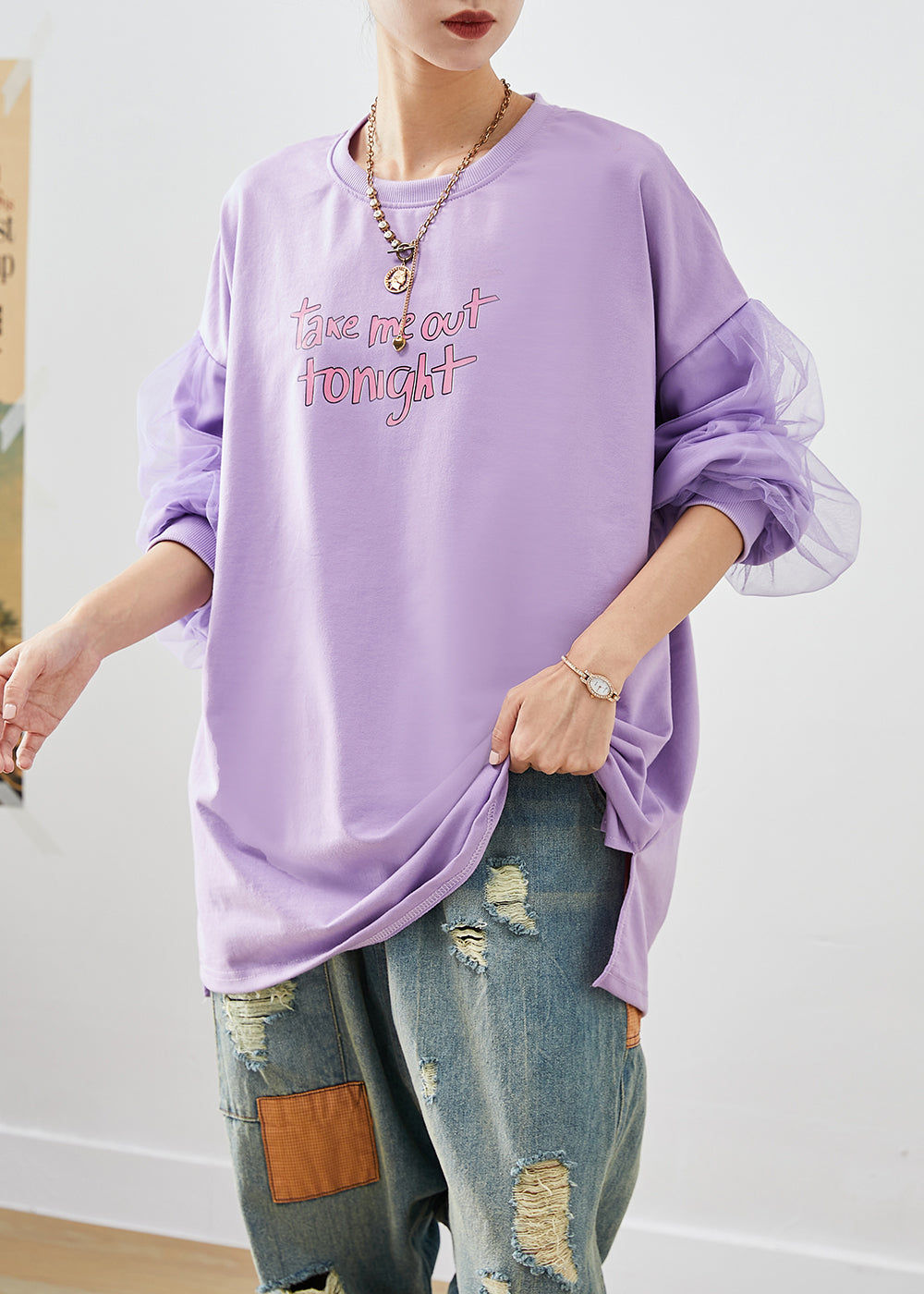 Art Purple Oversized Patchwork Cotton Pullover Fall