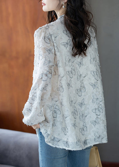 White Butterfly Chiffon Eyelash Shirt Tops Fall