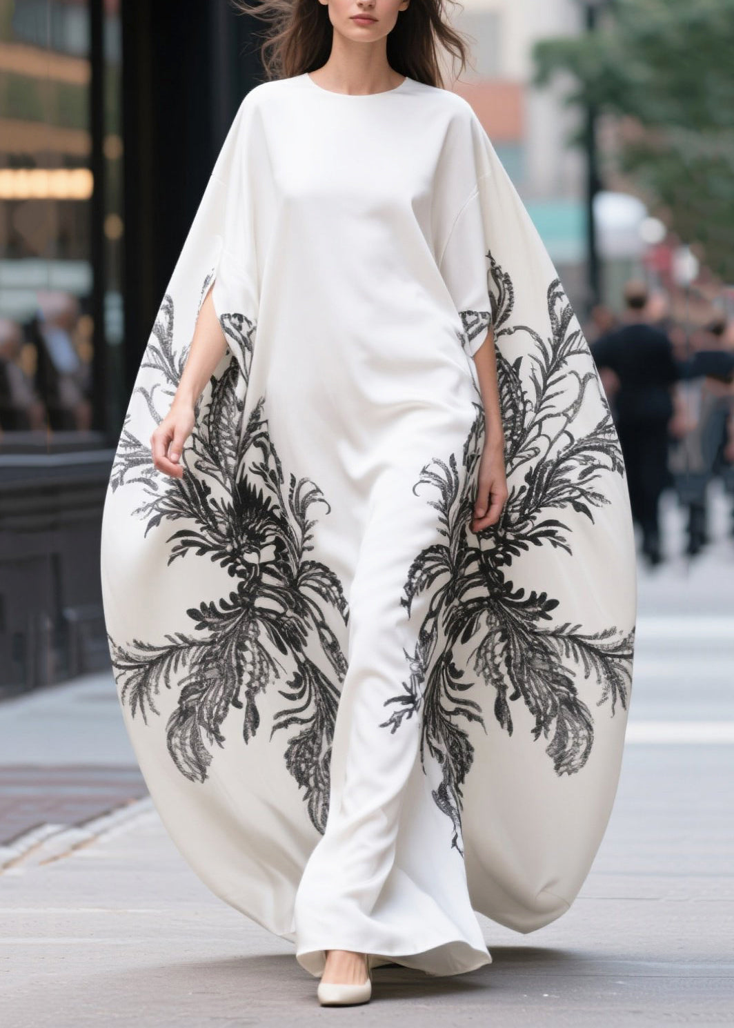 White Oversized Print Cotton Vacation Dresses Batwing Sleeve