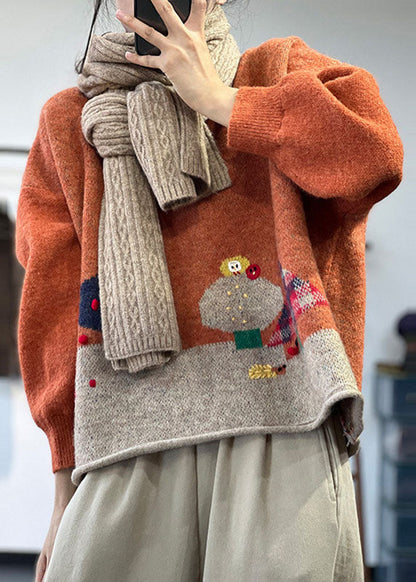 Orange O-neck Oversized Cartoon Print Knitted Tops Winter