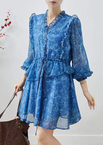 Stylish Blue Ruffled Print Chiffon Cinched Dresses Spring