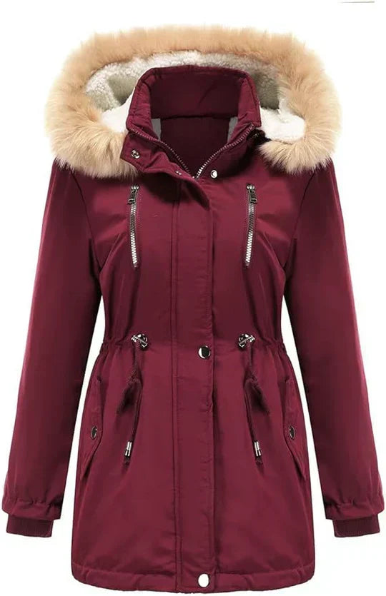 JO | long coat with faux fur hood and fleece lining