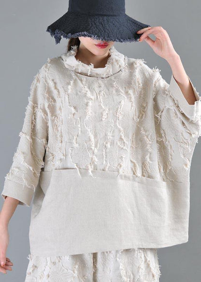 Boutique Beige Patchwork Batwing Sleeve Cotton Linen Top Summer
