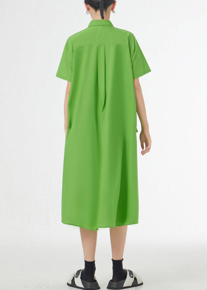 Grass Green Ruffled Button Patchwork Cotton Shirts Dress Summer