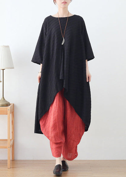 Black Loose Cotton Shirt Tops Low High Hesign Three Quarter Sleeve