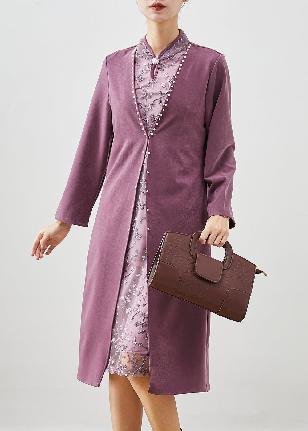 Purple Embroideried Patchwork Silk Fake Two Piece Dress Fall
