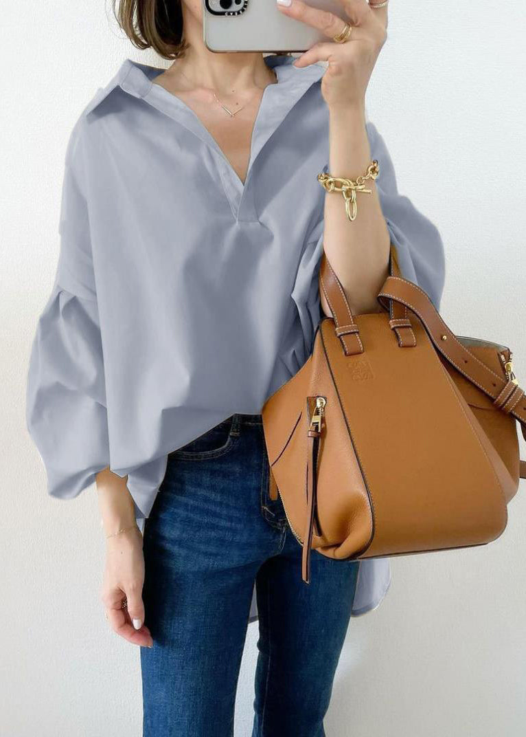 Sky Blue Oversized Cotton Shirt Top Lantern Sleeve