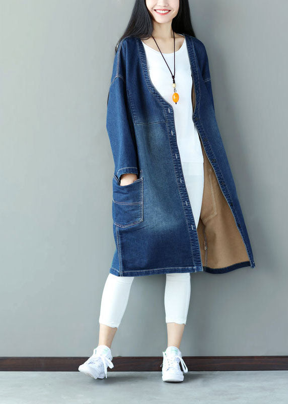 Blue V Neck Pockets Applique Cotton Denim Coats Spring