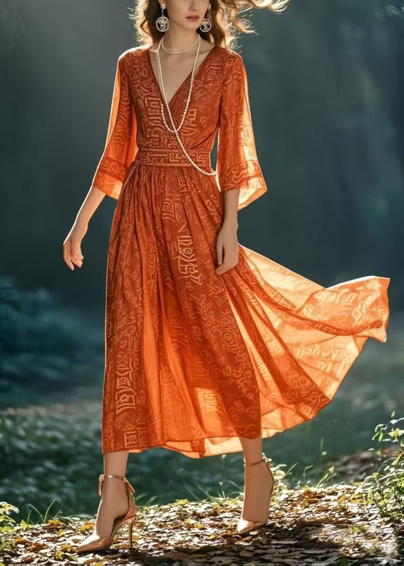 Italian Orange Print Chiffon Holiday Dresses Bracelet Sleeve Summer
