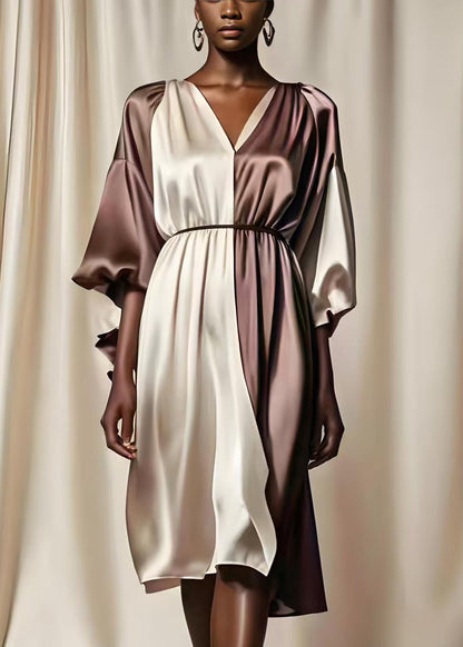 Colorblock V Neck Patchwork Silk Mid Dresses Summer