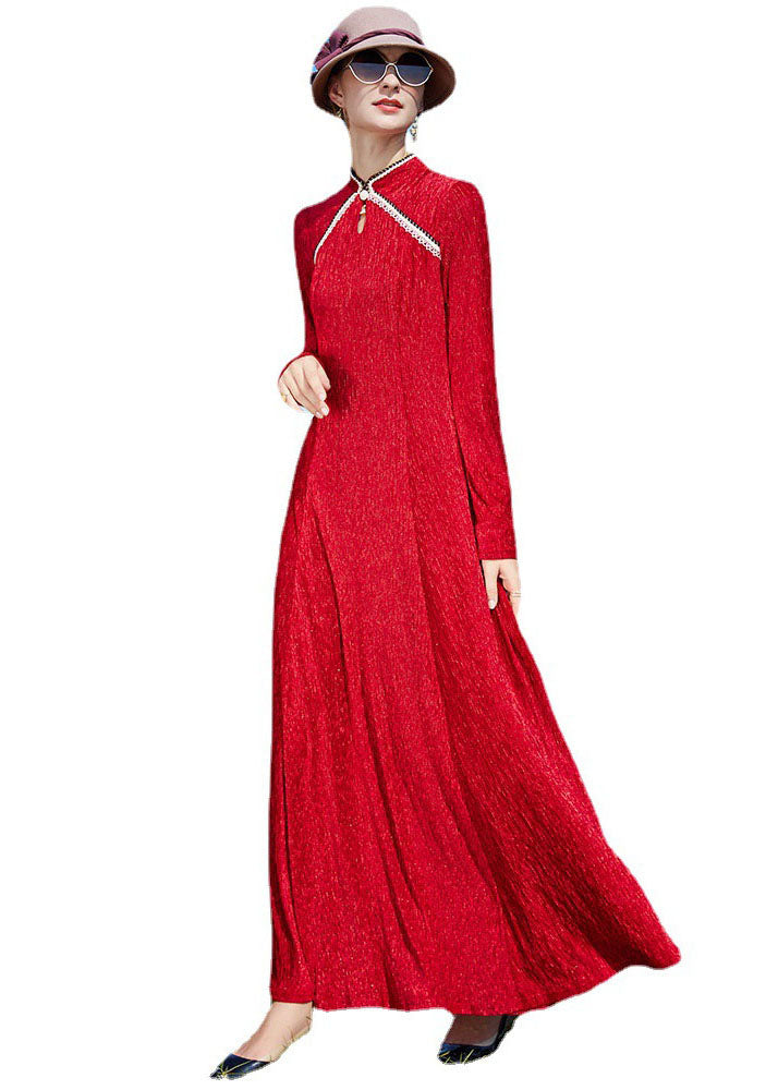 Red Mandarin Collar Exra Large Hem Holiday Dress Spring