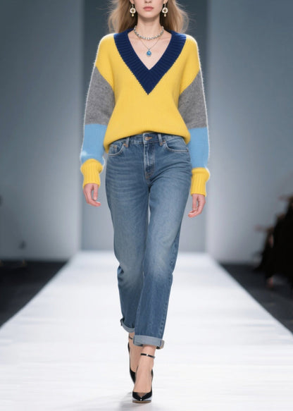 Art Yellow V Neck Patchwork Sweaters Winter