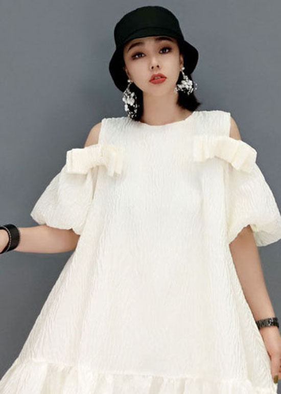 Loose White Puff Sleeve Cold Shoulder a Line Skirts Party Dress Summer