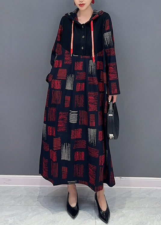 Red Hooded Plaid Patchwork Cotton Long Dress Fall