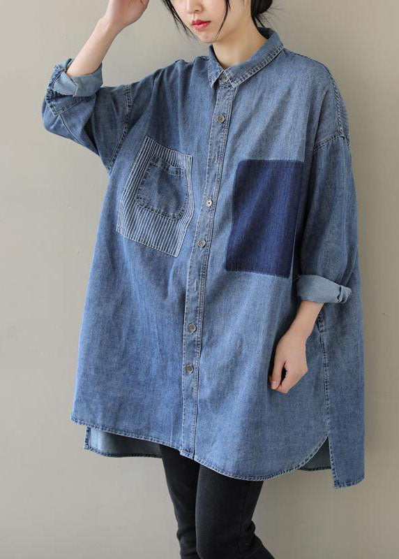 Organic Blue Peter Pan Collar Denim Blouses Spring